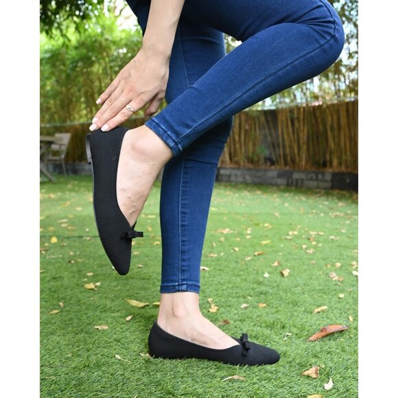 Black Suede Flats Bow Knit Round Toe Comfortable Ballet Flats for Office Work - Picture 8 of 10